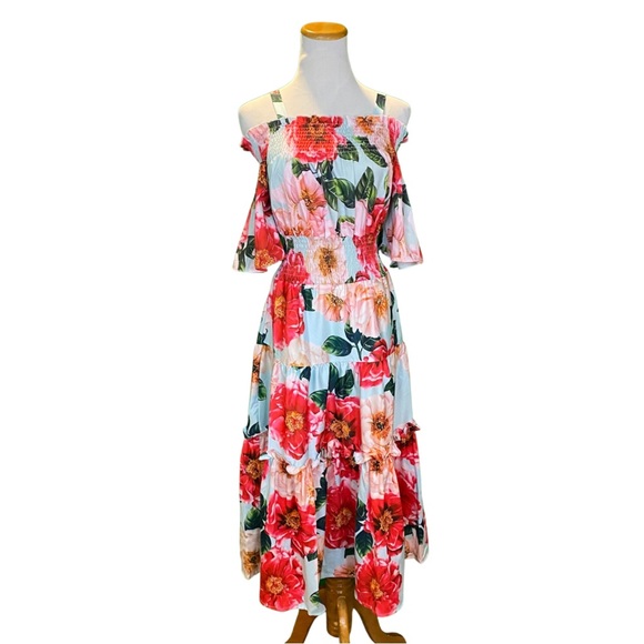 YS Dresses & Skirts - NEW | Red & Pink Floral Off Shoulder Flowy Maxi Dress | Size M